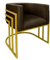 Cadeira Poltrona Luxo Base De Metal Tripla Dourado Sala de Jantar Cozinha Recepção Veludo Marrom Eli Móveis e Decoração