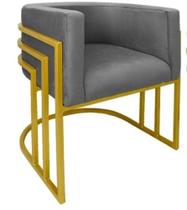 Cadeira Poltrona Luxo Base De Metal Tripla Dourado Sala de Jantar Recepção Veludo Grafite Eli Móveis e Decoração