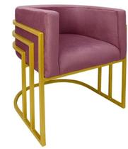 Cadeira Poltrona Luxo Base De Metal Tripla Dourado Sala de Jantar Recepção Veludo Rosê Do Lar Móveis e Decoração