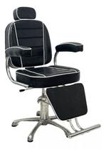 Cadeira Reclinável De Barbeiro e Salão Hidráulico Estrela - Preto Croco com lista branca