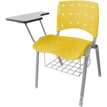 Cadeira Universitária Plástica Amarela Anatômica Com Porta Livros Base Prata 10 Unidades