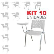 Cadeira Universitária Plástica Branca 10 Unidades Prancheta Plástica Base Prata - ULTRA Móveis