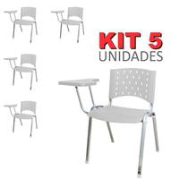 Cadeira Universitária Plástica Branco 5 Unidades Prancheta Plástica Base Prata - ULTRA Móveis