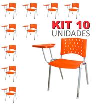 Cadeira Universitária Plástica Laranja 10 Unidades Prancheta Plástica Base Prata - ULTRA Móveis