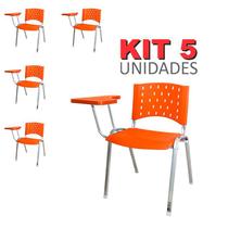 Cadeira Universitária Plástica Laranja 5 Unidades Prancheta Plástica Base Prata - ULTRA Móveis