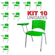 Cadeira Universitária Plástica Verde 10 Unidades Prancheta Plástica Base Prata - ULTRA Móveis