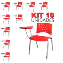 Cadeira Universitária Plástica Vermelha 10 Unidades Prancheta Plástica Base Prata - ULTRA Móveis