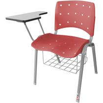 Cadeira Universitária Plástica Vermelha Anatômica Com Porta Livros Base Prata - ULTRA Móveis