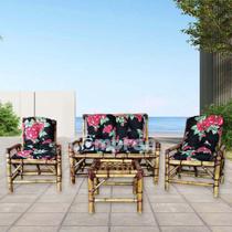 Cadeiras E Mesa Bambu Jogo Completo Jardim Área Preto Floral - Compree