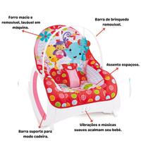 Cadeirinha De Descanso Rosa Para Bebê Musical Massageadora Relaxante Com Mobile Luxo - Baby's