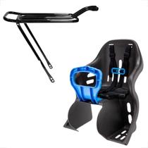Cadeirinha traseira infantil preta e azul resistente 25kg + garupa bagageiro dobravel aço aro 26