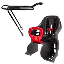 Cadeirinha traseira infantil preta e vermelho resistente 25kg + garupa bagageiro dobravel aço aro 26