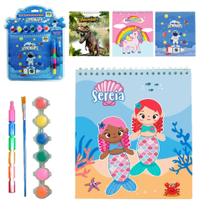 Caderneta / bloco para pintura com desenhos + 6 tintas + 6 giz de cera e pincel sortidos