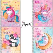 Caderno 1 Matéria Espiral Amei Unicórnio C/Adesivo Sortido