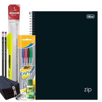 Caderno 10 Matérias Capa Dura Preto Tilibra + Kit Escolar Universitário 13pcs com Estojo Caderno 10 Matérias Capa Dura Preto Tilibra + Kit Escolar Universitário 13pcs com Estojo