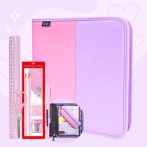 Caderno Argolado Fichário Tons Pastéis Rosa Lilás com Ziper + Kit Escolar Total 16pcs