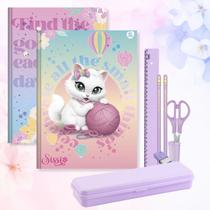 Caderno Brochura Capa Dura Gatinha Sissi 2un com Kit Escolar Lilás 7pcs Tons Pastéis com Estojo Desenho:Kit 2 Caderno Brochura Capa Dura Gatinha Sissi 2un com Kit Escolar Lilás 7pcs Tons Pastéis com Estojo Desenho:Kit 2