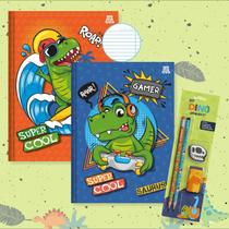 Caderno Brochura Capa Dura Grande Dinossauro 2un 80 fls + Kit Escolar Dino Lápis Borracha Apontador Caderno Brochura Capa Dura Grande Dinossauro 2un 80 fls + Kit Escolar Dino Lápis Borracha Apontador