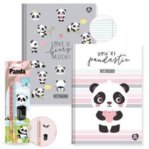 Caderno Brochura Capa Dura Grande Panda Ursinho 2un 80 fls + Kit Escolar Panda Lápis Borracha Apontador