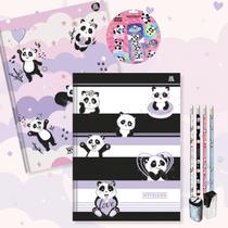 Caderno Brochura Capa Dura Grande Panda Ursinho 2un 80 fls + Kit Escolar Panda Lápis Borracha Apontador