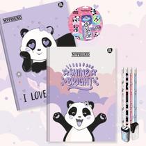 Caderno Brochura Capa Dura Grande Panda Ursinho 2un 80 fls + Kit Escolar Panda Lápis Borracha Apontador