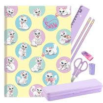 Caderno Brochura Capa Dura Sissi Gatinha com Kit Escolar Lilás Pastel Estojo Régua Lápis Apontador Tesoura Borracha