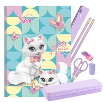 Caderno Brochura Capa Dura Sissi Gatinha com Kit Escolar Lilás Pastel Estojo Régua Lápis Apontador Tesoura Borracha