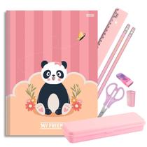 Caderno Brochura Capa Dura Ursinho Panda Rosa Pastel com Kit Escolar 7 Pçs Estojo Régua Lápis Apontador Tesoura Borracha