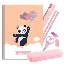 Caderno Brochura Capa Dura Ursinho Panda Rosa Pastel com Kit Escolar 7 Pçs Estojo Régua Lápis Apontador Tesoura Borracha
