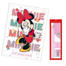 Caderno Brochura Minnie Capa Dura Grande Tilibra 80 fls + Kit Escolar Faber Castell Lápis Borracha Apontador Rosa Pastel