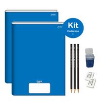 Caderno Brochurão Azul Capa Dura 96 folhas Kit 2un Stiff Jandaia + Kit Escolar Lápis Faber Borracha Apontador 8 itens Caderno Brochurão Azul Capa Dura 96 folhas Kit 2un Stiff Jandaia + Kit Escolar Lápis Faber Borracha Apontador 8 itens