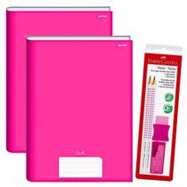 Caderno Brochurão Pink Capa Dura 96 folhas Kit 2un Stiff Jandaia + Kit Escolar Faber-Castell Lápis Borracha Apontador
