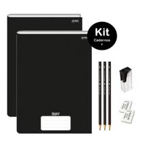 Caderno Brochurão Preto Capa Dura 96 folhas Kit 2un Stiff Jandaia + Kit Escolar Lápis Faber Borracha Apontador 8 itens Caderno Brochurão Preto Capa Dura 96 folhas Kit 2un Stiff Jandaia + Kit Escolar Lápis Faber Borracha Apontador 8 itens