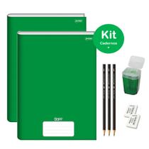 Caderno Brochurão Verde Capa Dura 96 folhas Kit 2un Stiff Jandaia + Kit Escolar Lápis Faber Borracha Apontador 8 itens