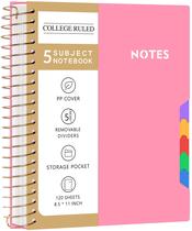 Caderno CAGIE 5 Subject College Ruled com abas removíveis rosa Caderno CAGIE 5 Subject College Ruled com abas removíveis rosa