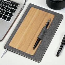 Caderno Com Capa Dura em Bambu com Suporte de Caneta Cinza Caderno Com Capa Dura em Bambu com Suporte de Caneta Cinza