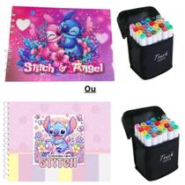Caderno De Colorir Bobbie Goods Stitch + Kit De 24 Canetinhas Marca Texto Para Pinta