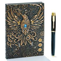Caderno de couro fengco gravado 200 páginas com caneta dourada