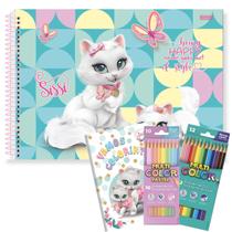 Caderno de Desenho Capa Dura Sissi Gatinhos 80 folhas com Lápis de Cor 22 Cores e Livro para Colorir