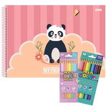 Caderno de Desenho Capa Dura Urso Panda My Friend 80 folhas com Lápis de Cor 22 Cores Multicolor Faber Castell Escolar