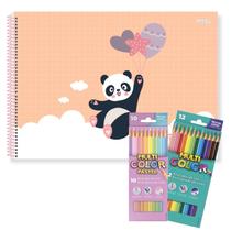 Caderno de Desenho Capa Dura Urso Panda My Friend 80 folhas com Lápis de Cor 22 Cores Multicolor Faber Castell Escolar