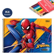Caderno de Desenho Spider Man Homem Aranha Capa Dura Tilibra + Lápis de Cor Faber 12 Cores Escolar Infantil Fundamental
