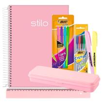 Caderno Espiral 10m Capa Dura 160 folhas Rosa ou Lilás Pastel + Kit Escolar 12pcs com Estojo Régua Marca Texto Canetas Caderno Espiral 10m Capa Dura 160 folhas Rosa ou Lilás Pastel + Kit Escolar 12pcs com Estojo Régua Marca Texto Canetas