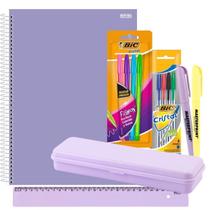 Caderno Espiral 1m Capa Dura 80 folhas Rosa ou Lilás Pastel + Kit Escolar 12pcs com Estojo Régua Marca Texto Canetas