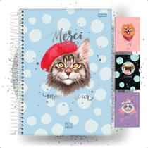 Caderno Feminino 1 Materia Universitario Menina Gatinho Cachorrinho Capa Dura Espiral Brilhante Metalizado Pet Cachorro Gato Fofo Brilho Adesivo - Jandaia