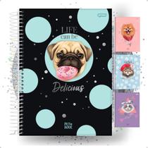 Caderno Feminino 1 Materia Universitario Menina Gatinho Cachorrinho Capa Dura Espiral Brilhante Metalizado Pet Cachorro Gato Fofo Brilho Adesivo