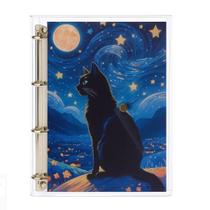 Caderno Fichário Argolado Pasta Organizadora 4 Argolas Gato Transparente Fechamento com Botão