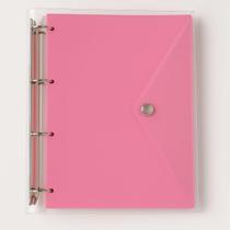 Caderno Fichário Argolado Pasta Organizadora 4 Argolas Rosa Transparente Fechamento com Botão Completo