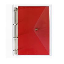 Caderno Fichário Argolado Pasta Organizadora 4 Argolas Vermelho Transparente Fechamento com Botão