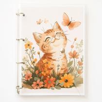 Caderno Fichário Argolado Transparente Universitário 4 Argolas Gatinho Floral Fechamento c/ Botão